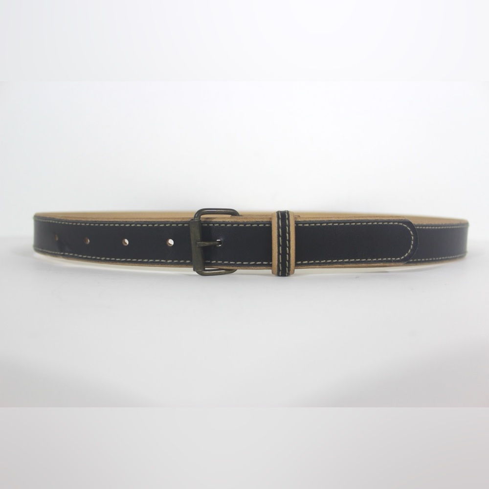 Vintage Black and Tan Shaved Beige Edge Belt with Antique Brass Buckle USA